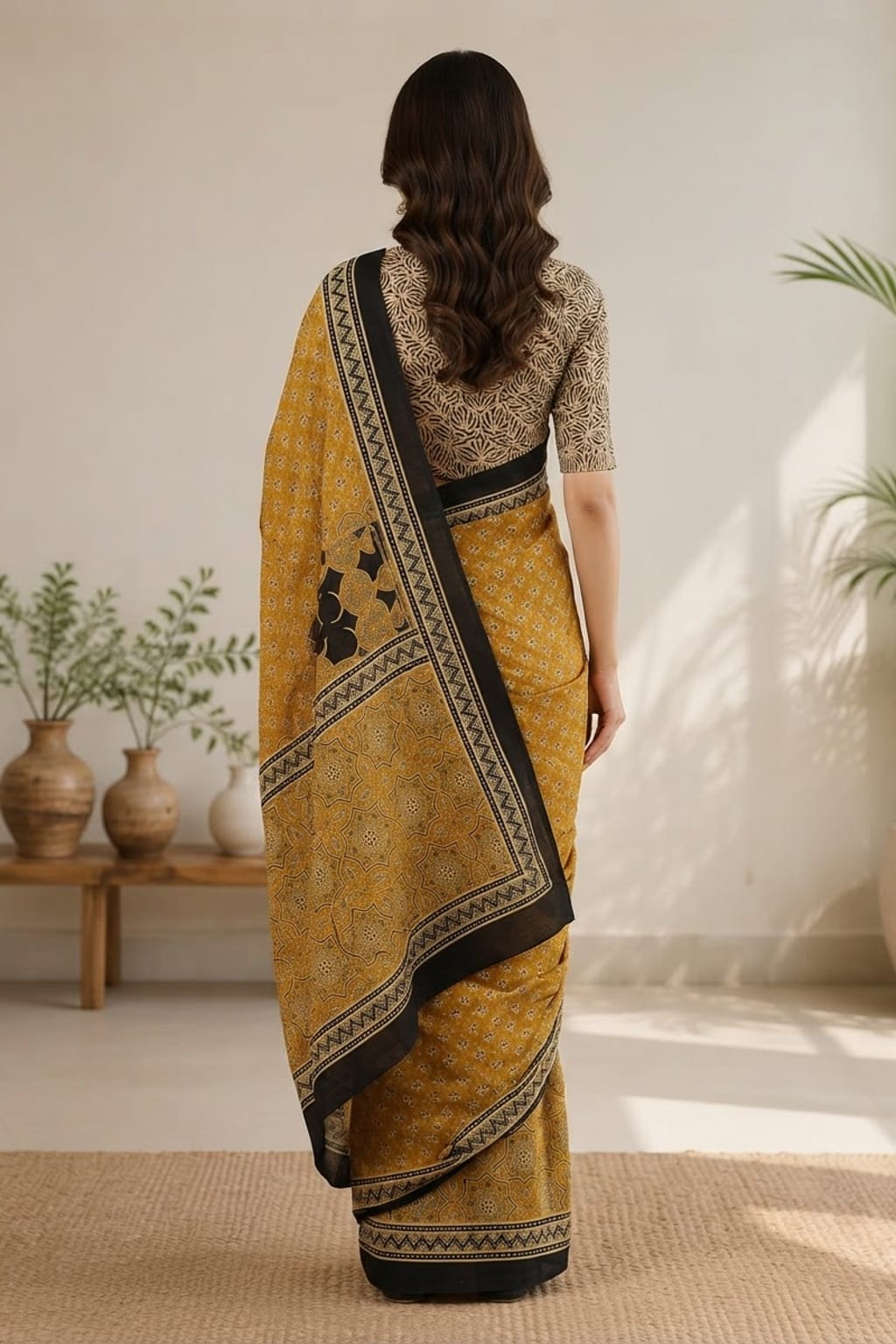 YELLOW BAGRU PRINTED ZARI BORDER COTTON SAREE
