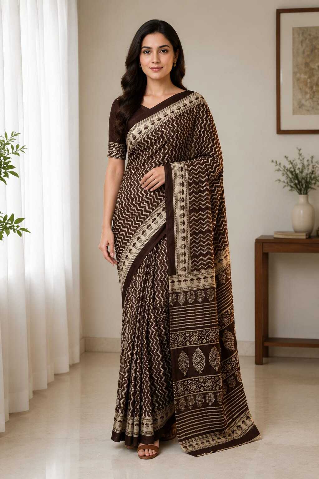 DARK BROWN BAGRU HAND PRINTED COTTON LINEN ZARI BORDER SAREE