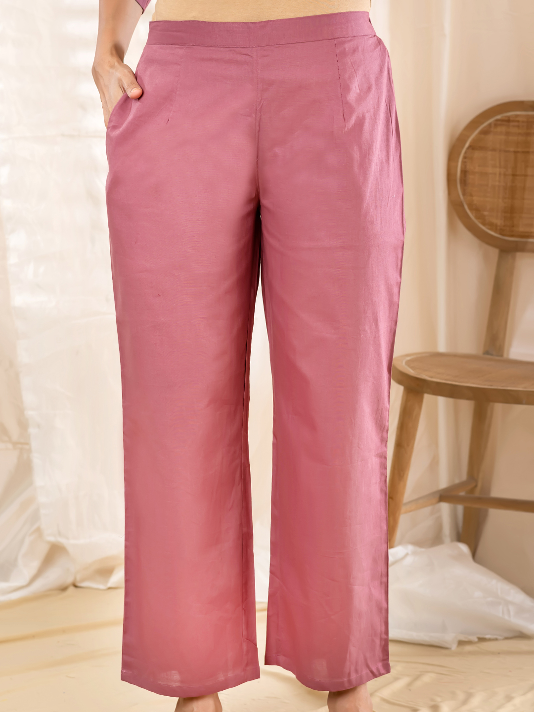 Dusty Rose Pink Cotton Kurta Set with Mirror-Work Look Embroidery & Trousers