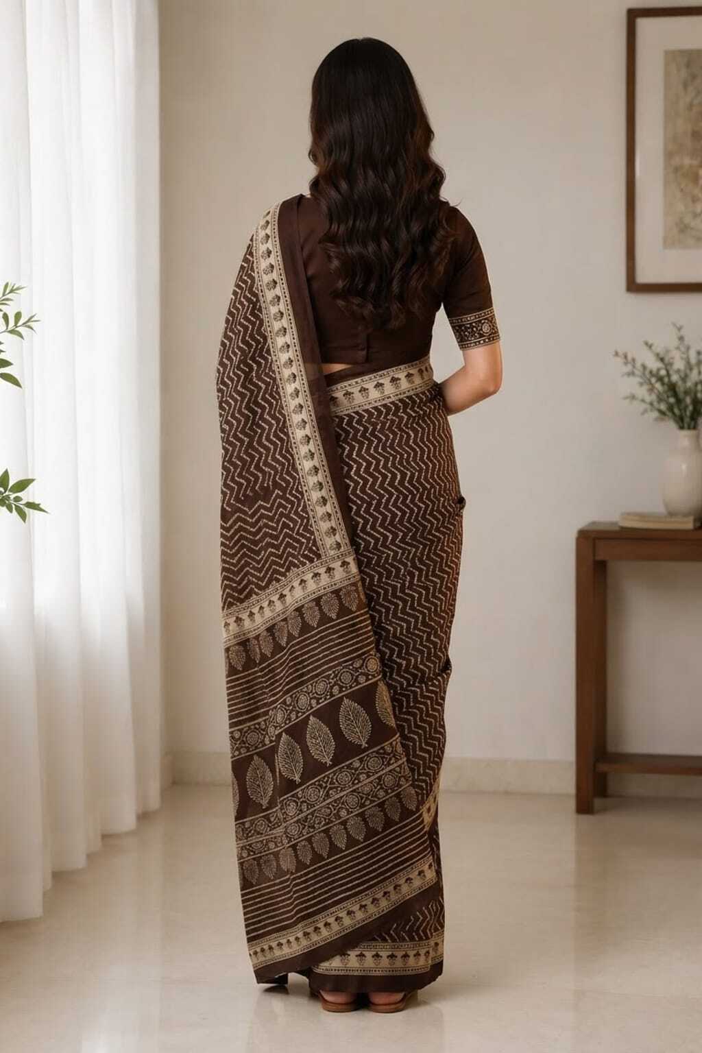 DARK BROWN BAGRU HAND PRINTED COTTON LINEN ZARI BORDER SAREE