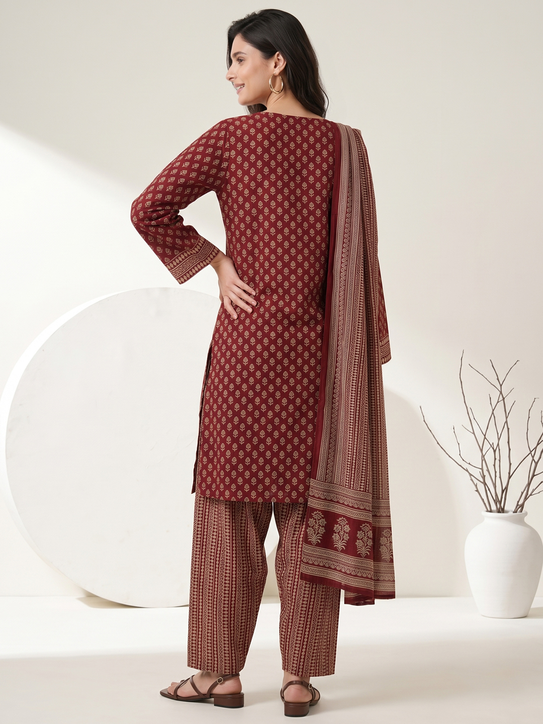 Women's Rustic Maroon Ethnic Block Print Keyhole Neck Kurti, Pleated Pants & Dupatta