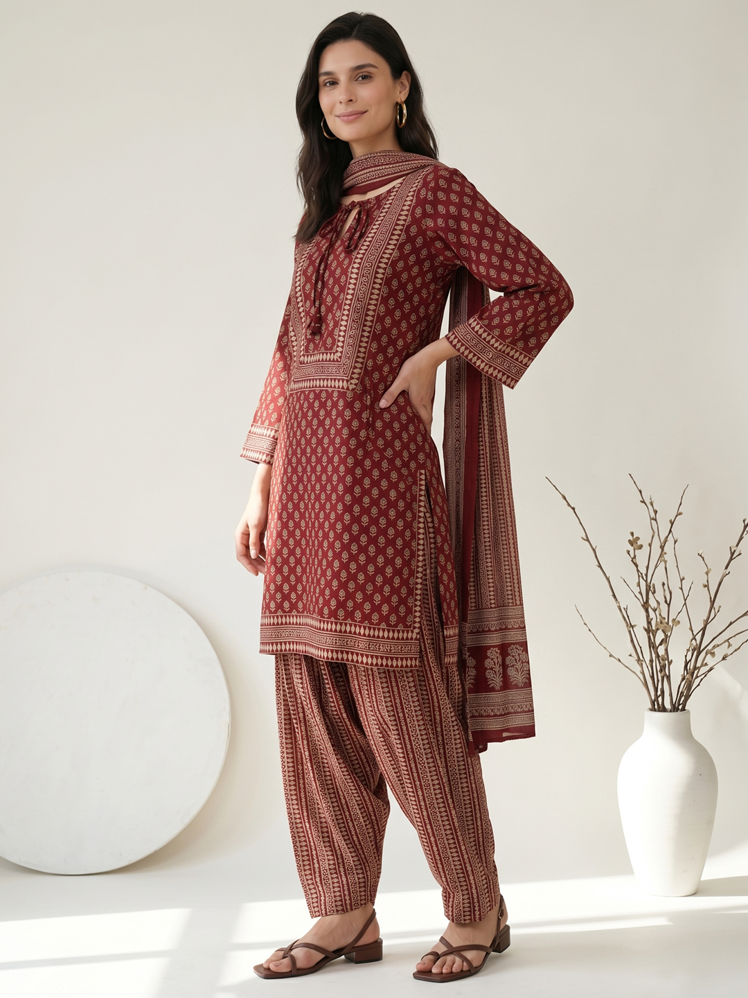 Women's Rustic Maroon Ethnic Block Print Keyhole Neck Kurti, Pleated Pants & Dupatta