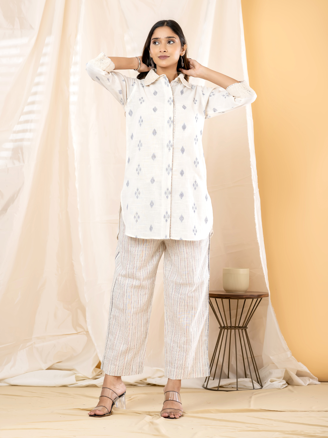 Women's Indo-Western Off-White Ikat Motif Collared Tunic with Wide-Leg Striped Trousers