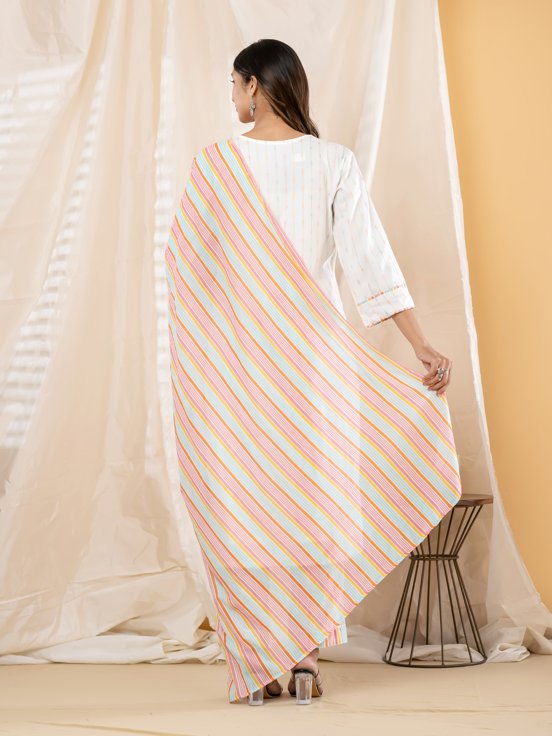 Minimalist Off-White Dobby Kurti with Multi-Color Pastel Striped Pant & Dupatta Set