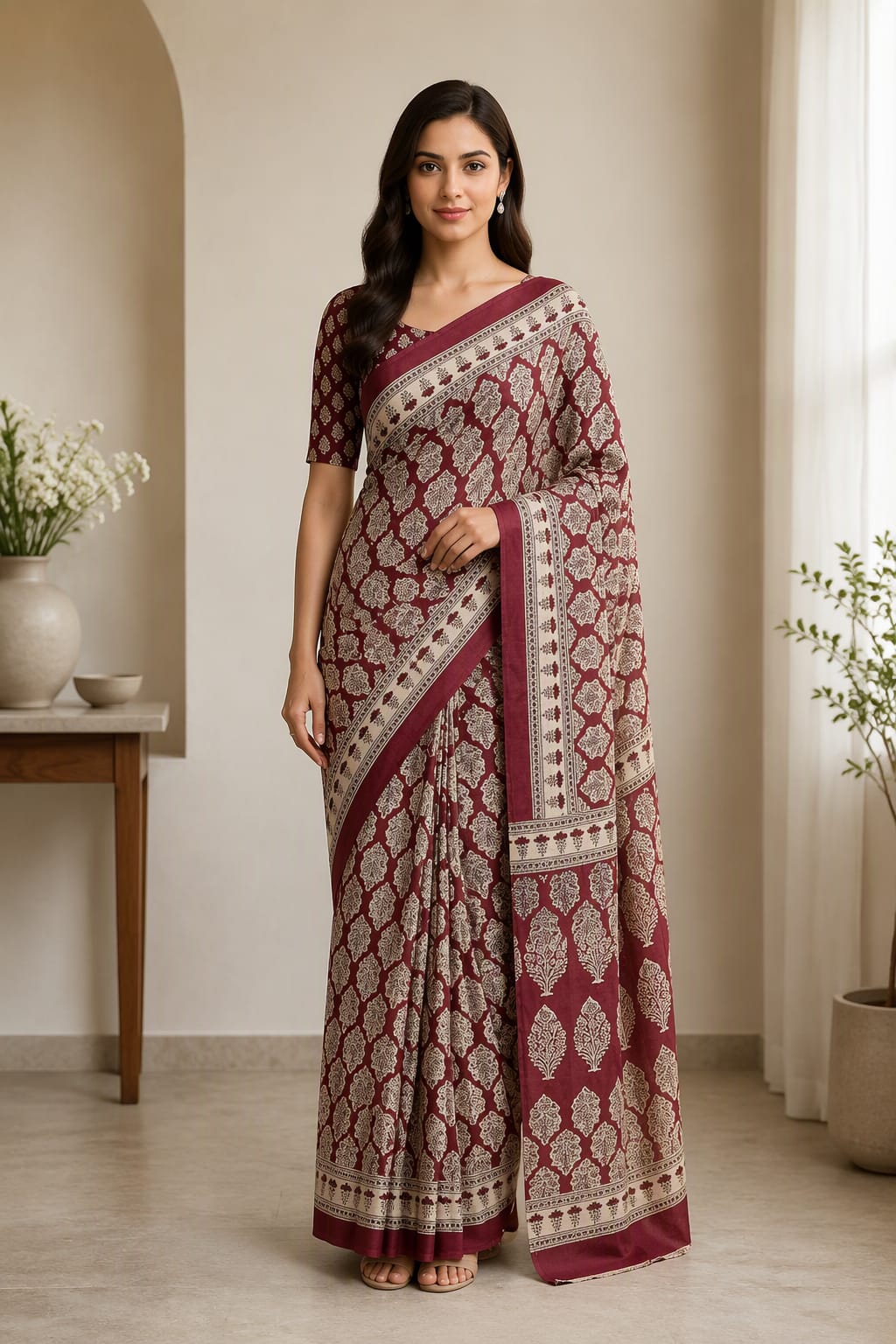 MAROON BAGRU PRINTED ZARI BORDER COTTON SAREE