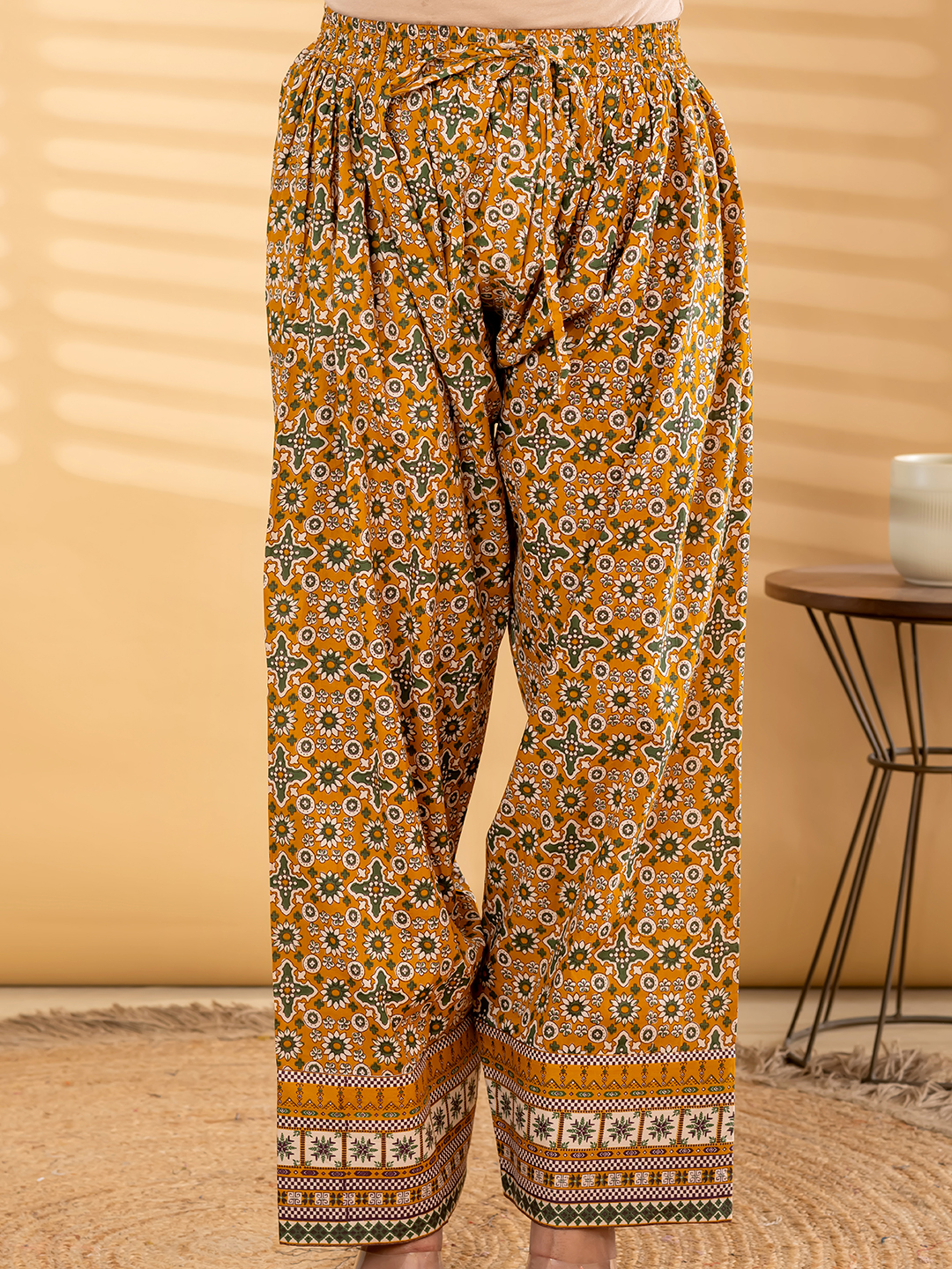 Mustard & Green Ethnic Printed Tunic Set with Mirror/Embroidery Accent Panel