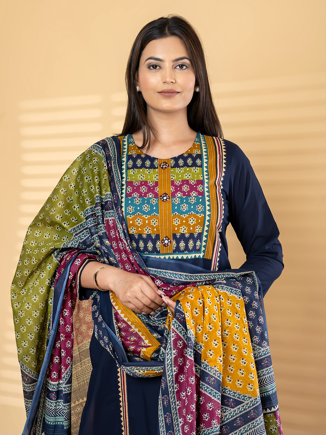 Women's Dark Blue Cotton Kurti, Palazzo & Patchwork Print Dupatta Set