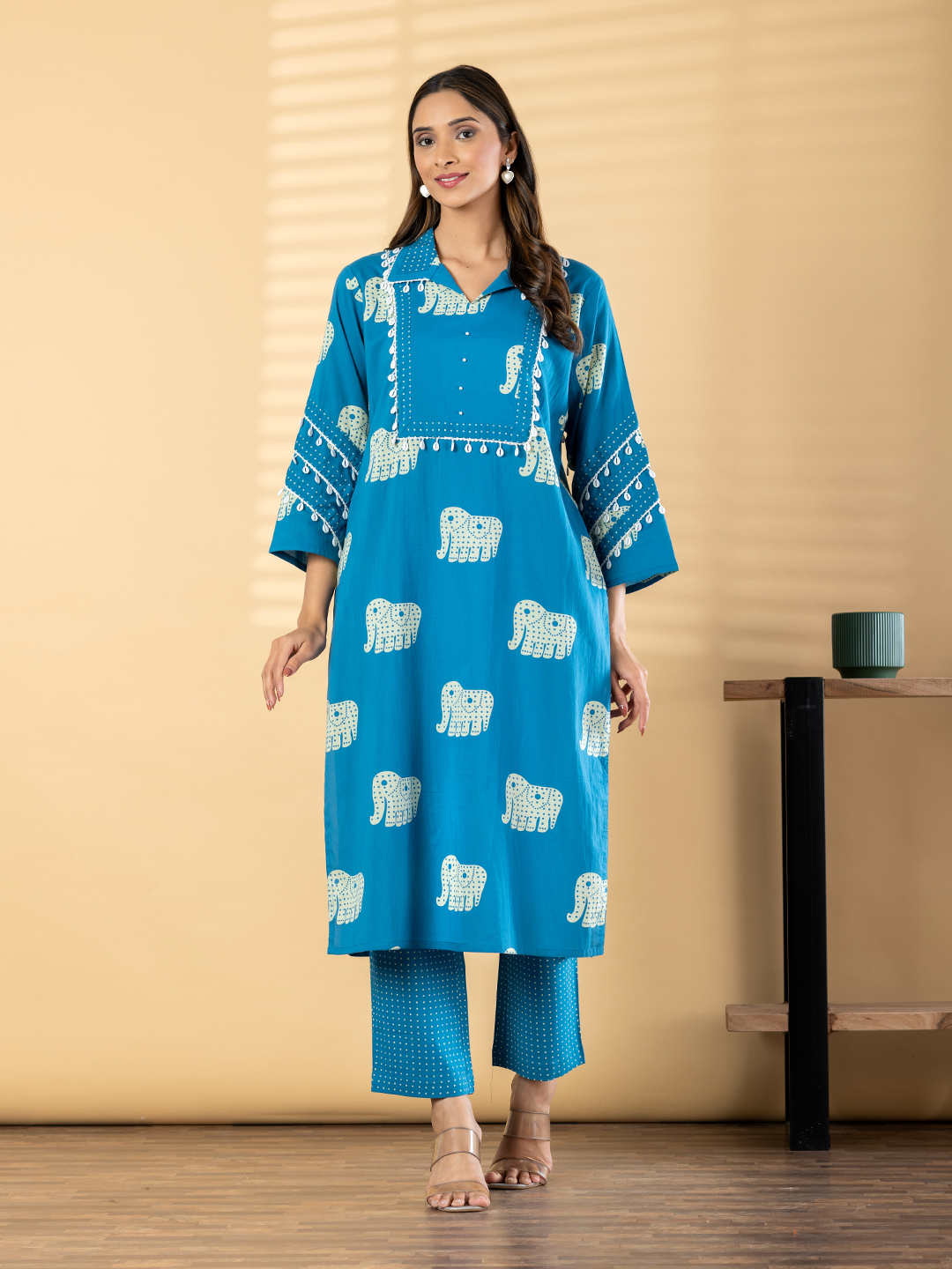 Women's Peacock Blue Block Print Cotton Kurti with Collar & Shell Trim