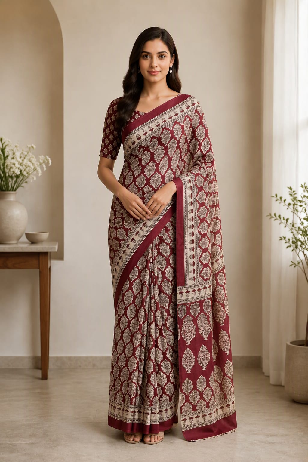 MAROON BAGRU PRINTED ZARI BORDER COTTON SAREE