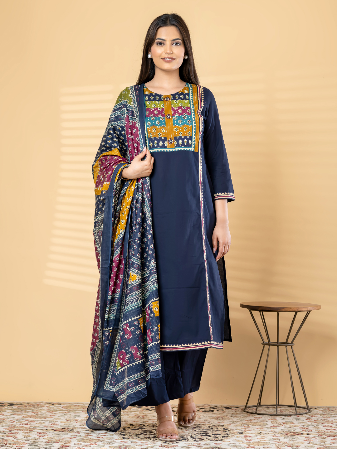 Women's Dark Blue Cotton Kurti, Palazzo & Patchwork Print Dupatta Set