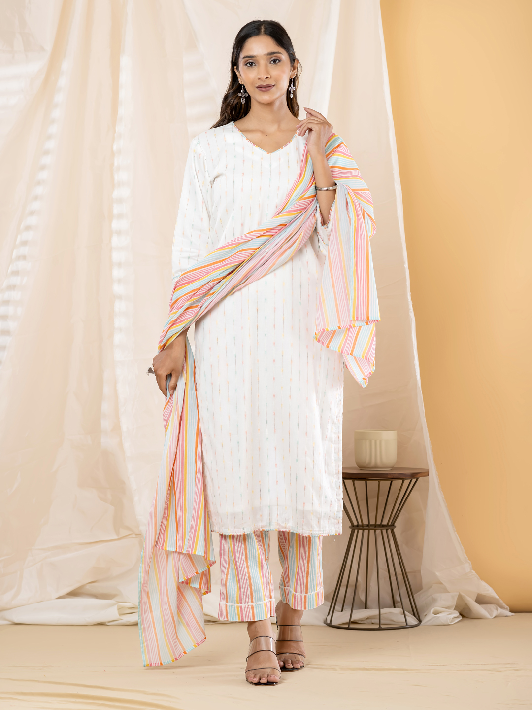 Minimalist Off-White Dobby Kurti with Multi-Color Pastel Striped Pant & Dupatta Set