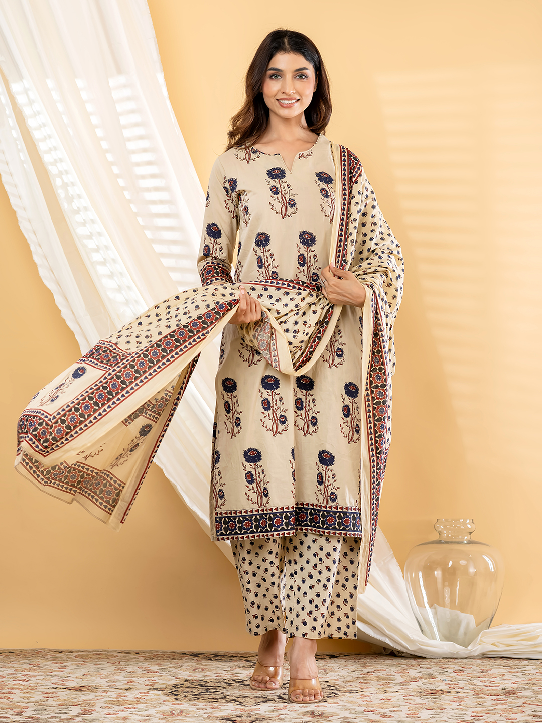 Beige Ethnic Floral Motif Cotton Suit Set with Printed Border Detailing