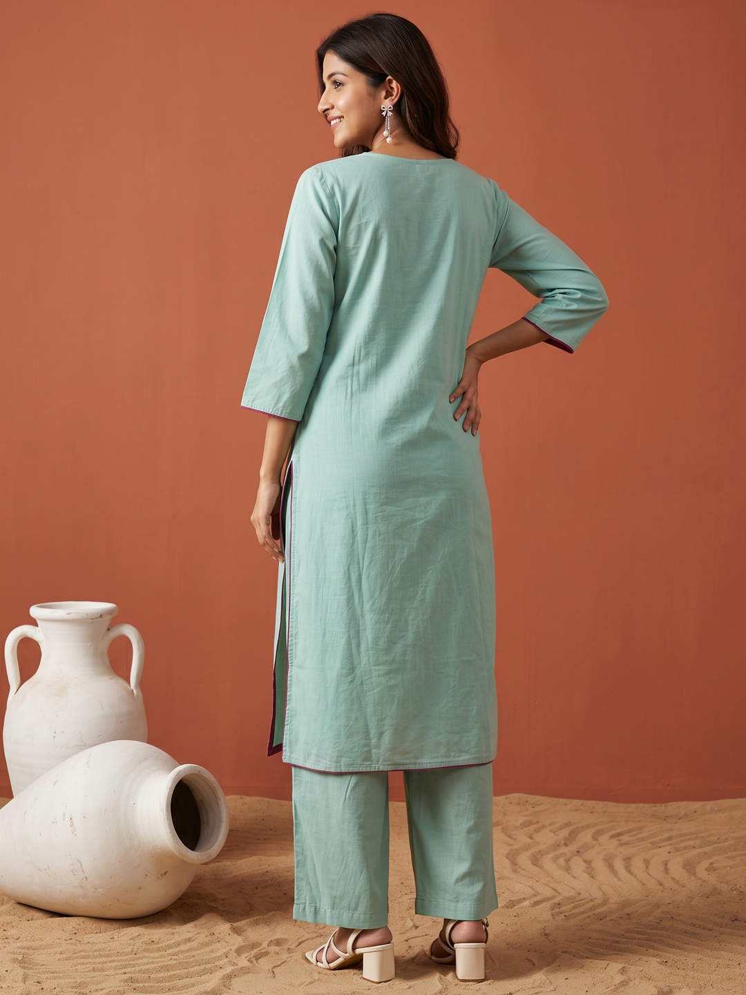 Pastel Sea Green Scalloped Neckline Kurti with Pleated Palazzo Pants