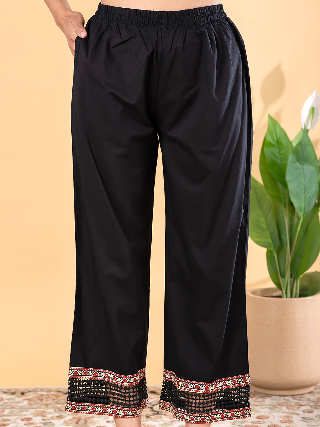 Black Ethnic Cotton Kurta Set with Lace-trimmed Trousers & Printed Dupatta