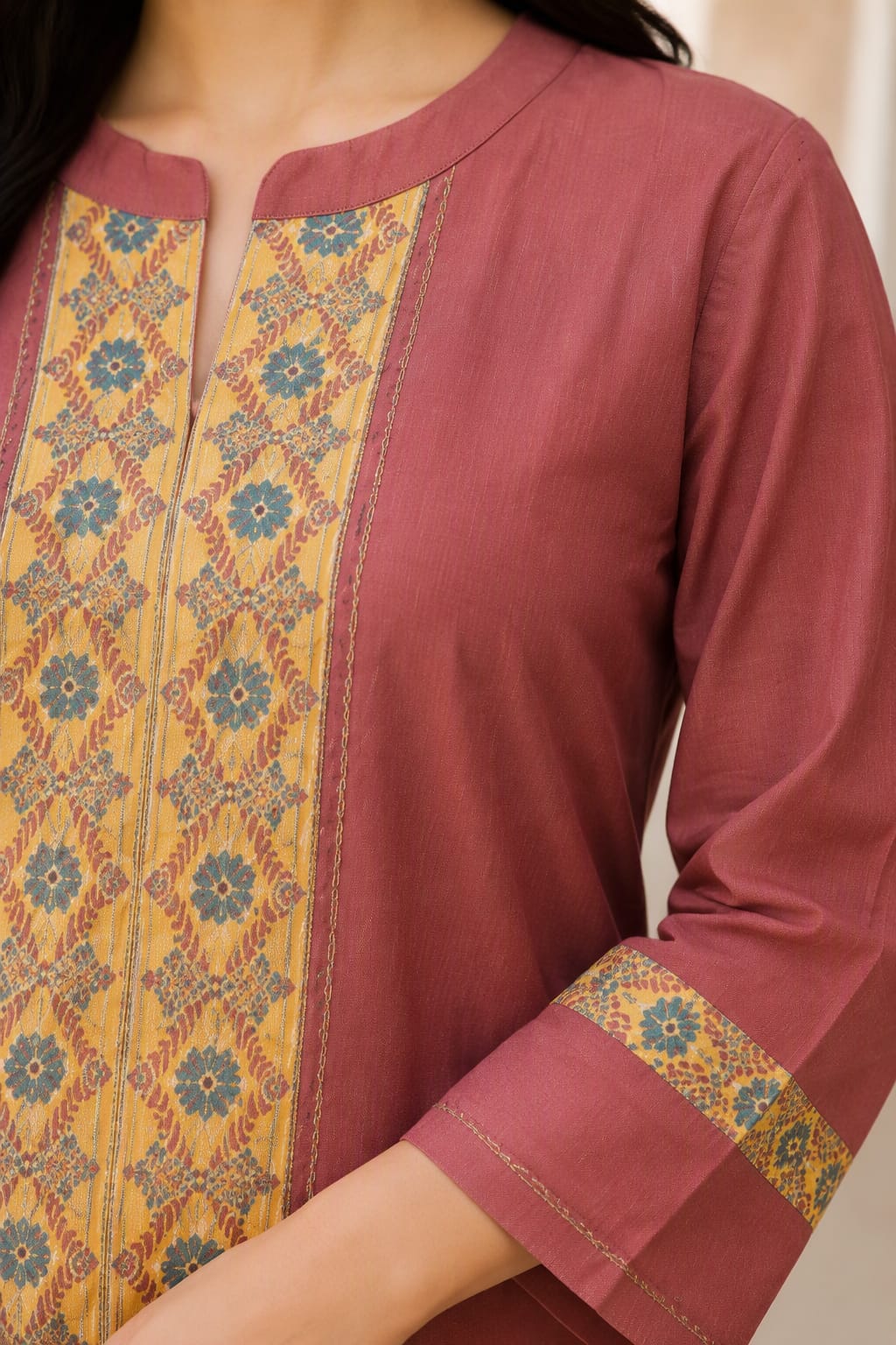 Dusty Rose & Ochre Floral Yoke Slit-Neck Kurta with matching Trousers & lining worked Dupatta