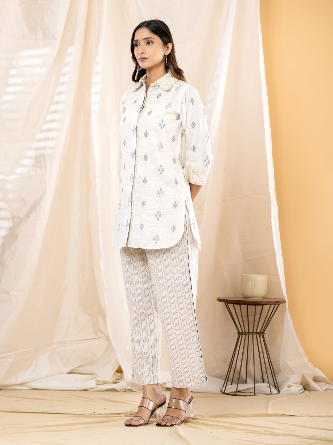 Women's Indo-Western Off-White Ikat Motif Collared Tunic with Wide-Leg Striped Trousers