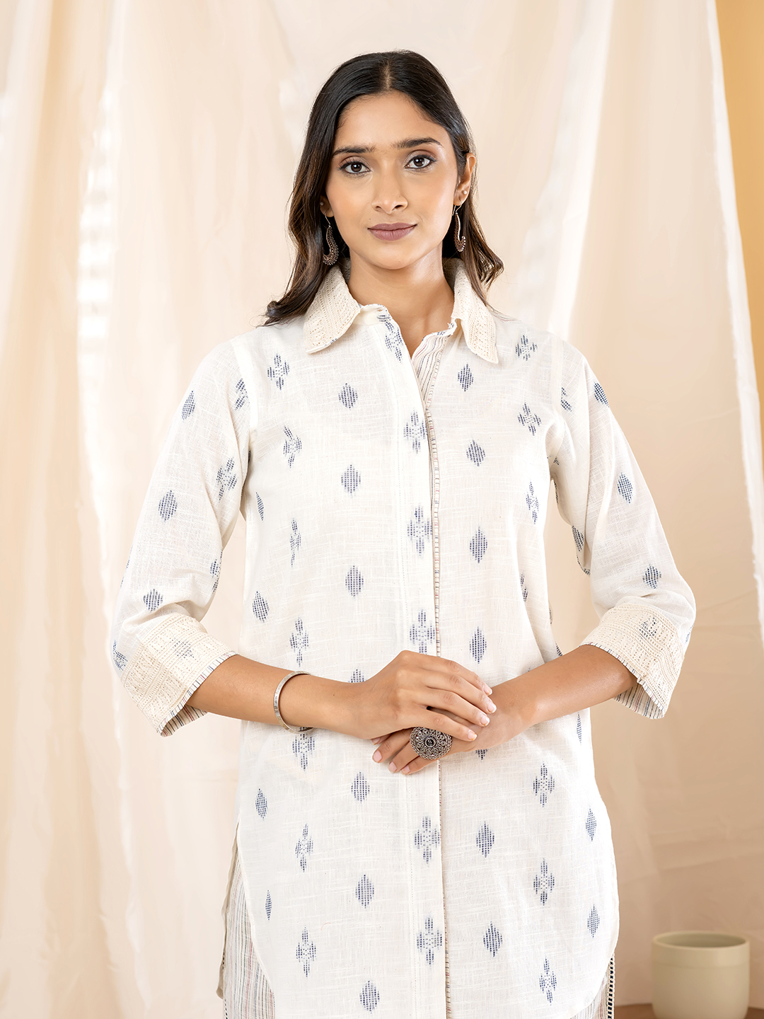 Women's Indo-Western Off-White Ikat Motif Collared Tunic with Wide-Leg Striped Trousers