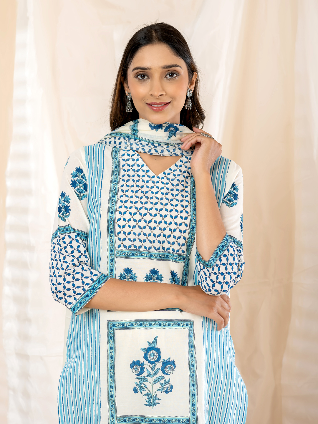 Women's White & Blue Panel Printed Straight Kurti, Trouser & Dupatta Set