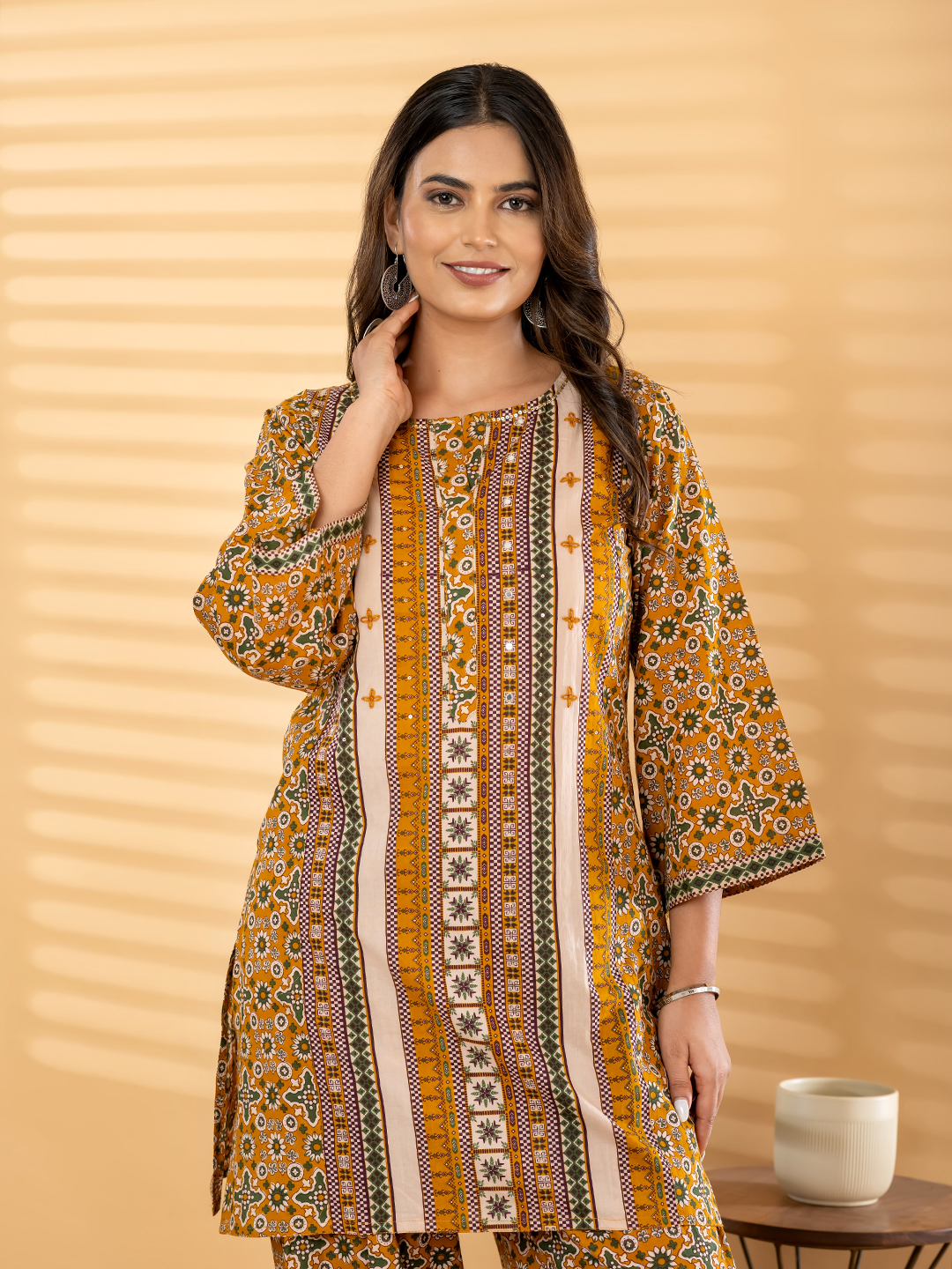 Mustard & Green Ethnic Printed Tunic Set with Mirror/Embroidery Accent Panel
