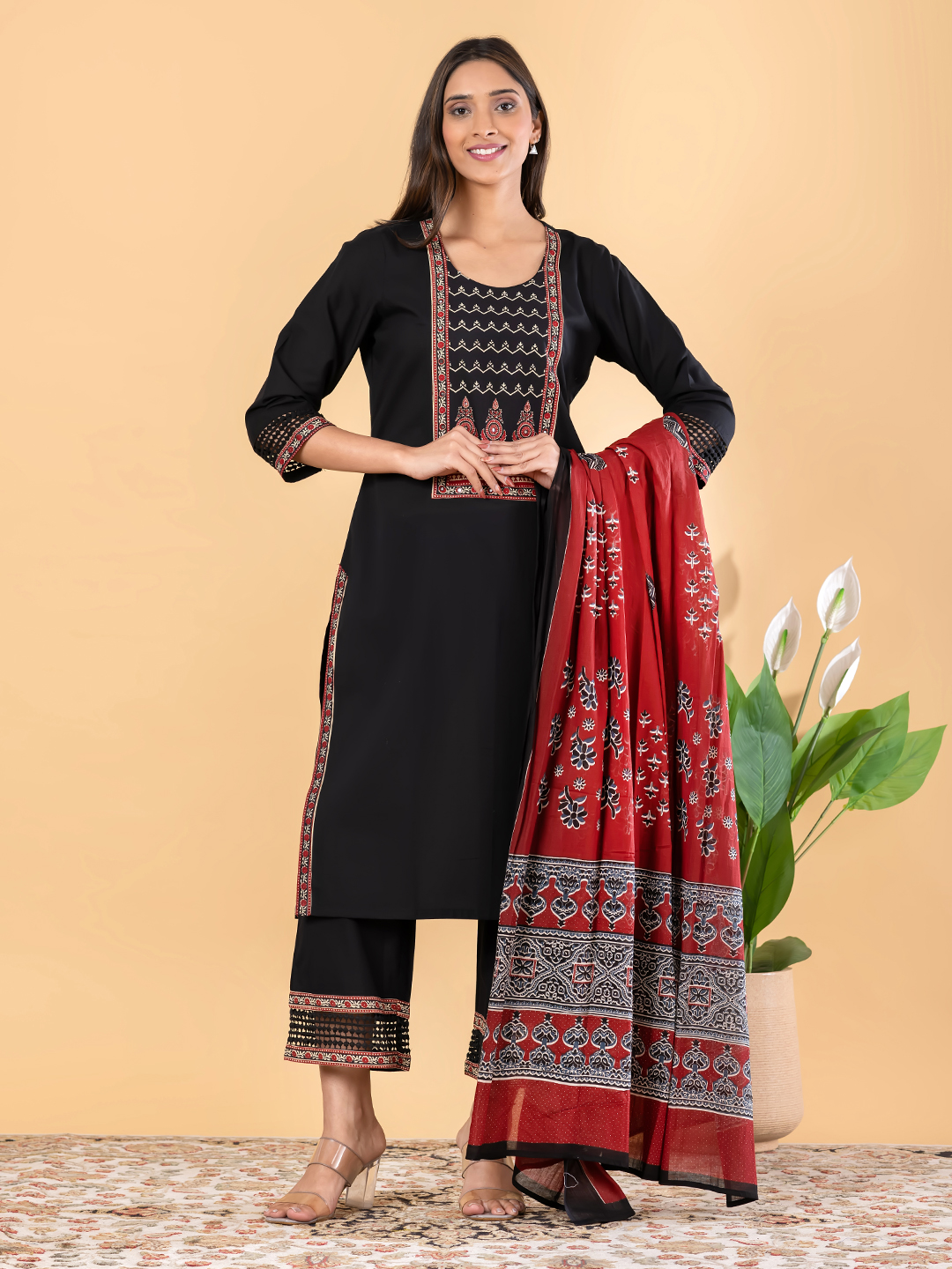 Black Ethnic Cotton Kurta Set with Lace-trimmed Trousers & Printed Dupatta