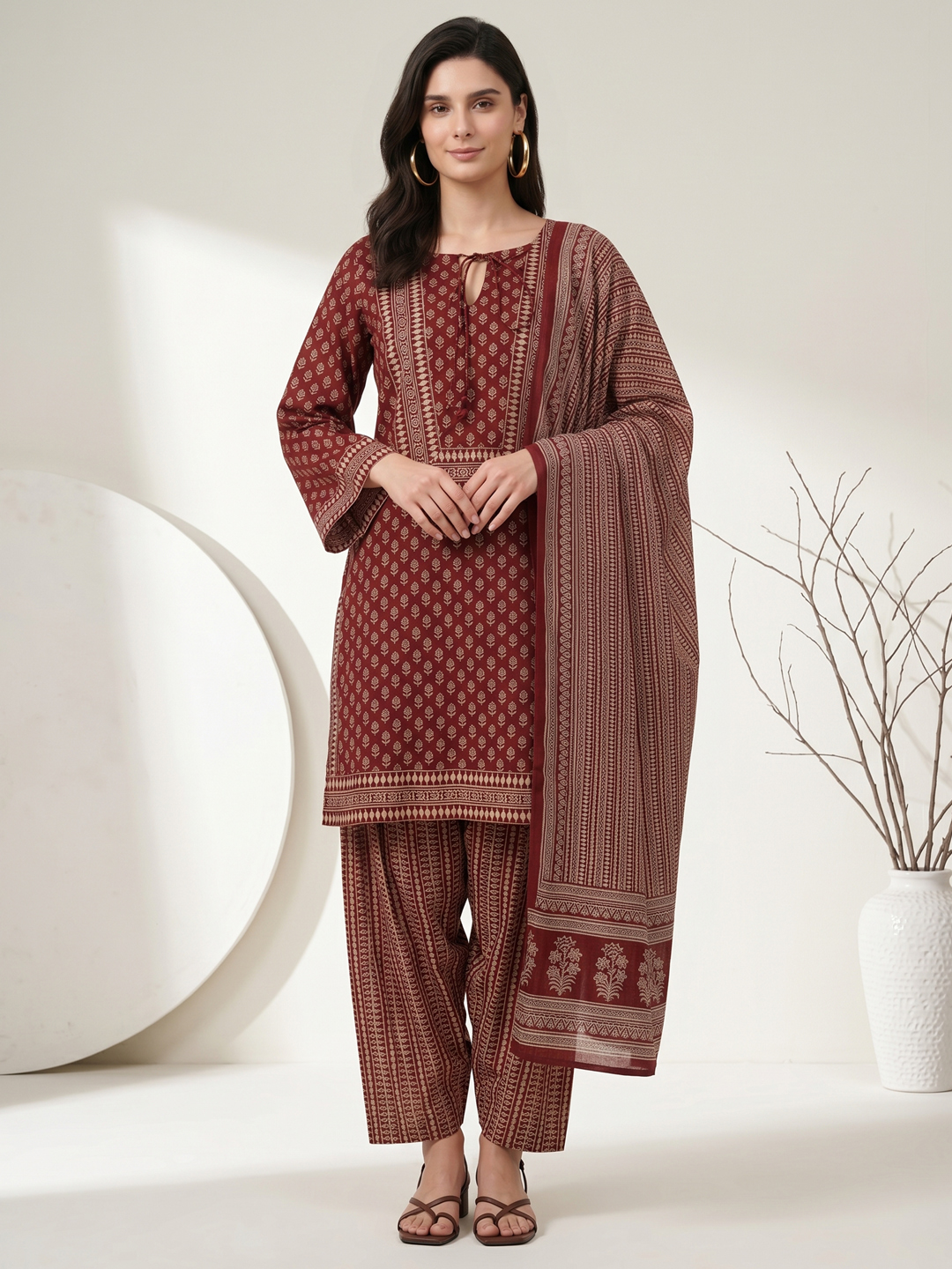Women's Rustic Maroon Ethnic Block Print Keyhole Neck Kurti, Pleated Pants & Dupatta