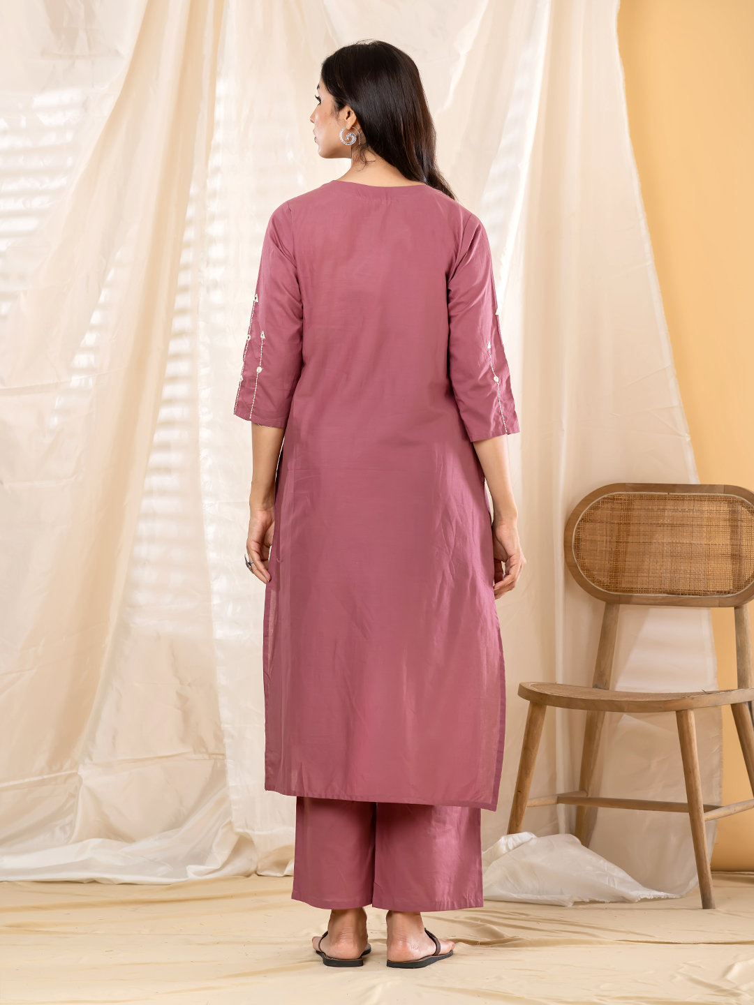 Dusty Rose Pink Cotton Kurta Set with Mirror-Work Look Embroidery & Trousers