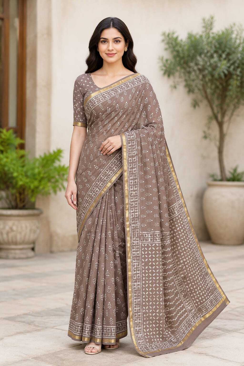 DUSTY BROWN BAGRU HAND PRINTED COTTON ZARI BORDER SAREE