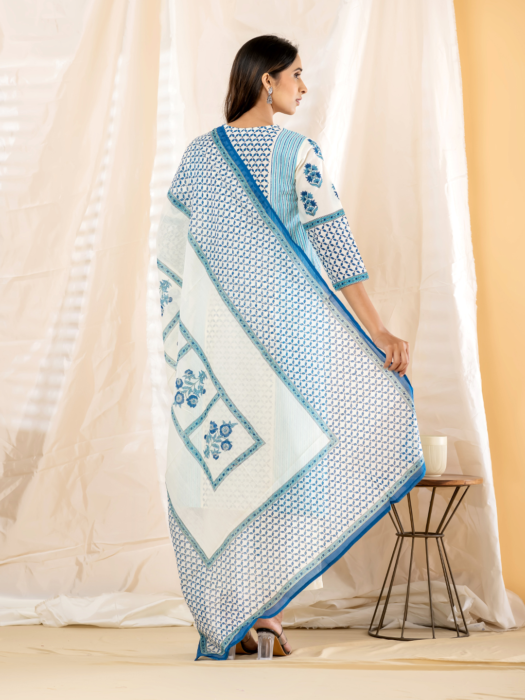 Women's White & Blue Panel Printed Straight Kurti, Trouser & Dupatta Set